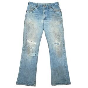 Vintage 70s Lee Riders Distressed Patchwork Light Wash Bootcut Jeans 32 x 31
